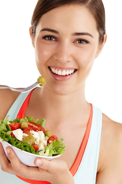 Gezondheid Echte Rijkdom Vrouw Tegen Witte Achtergrond Klaar Salade Eten — Stockfoto
