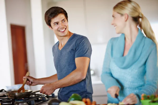 Put Love Every Meal Happy Young Couple Cooking Meal Together — Stock Photo, Image