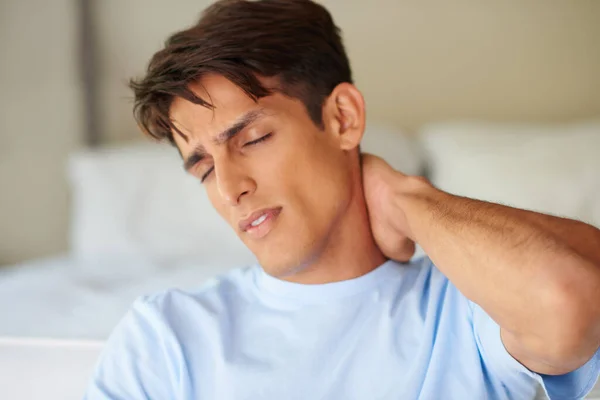 Hurts Bad Handsome Young Man Suffering Severe Neck Pain — Stock Photo, Image