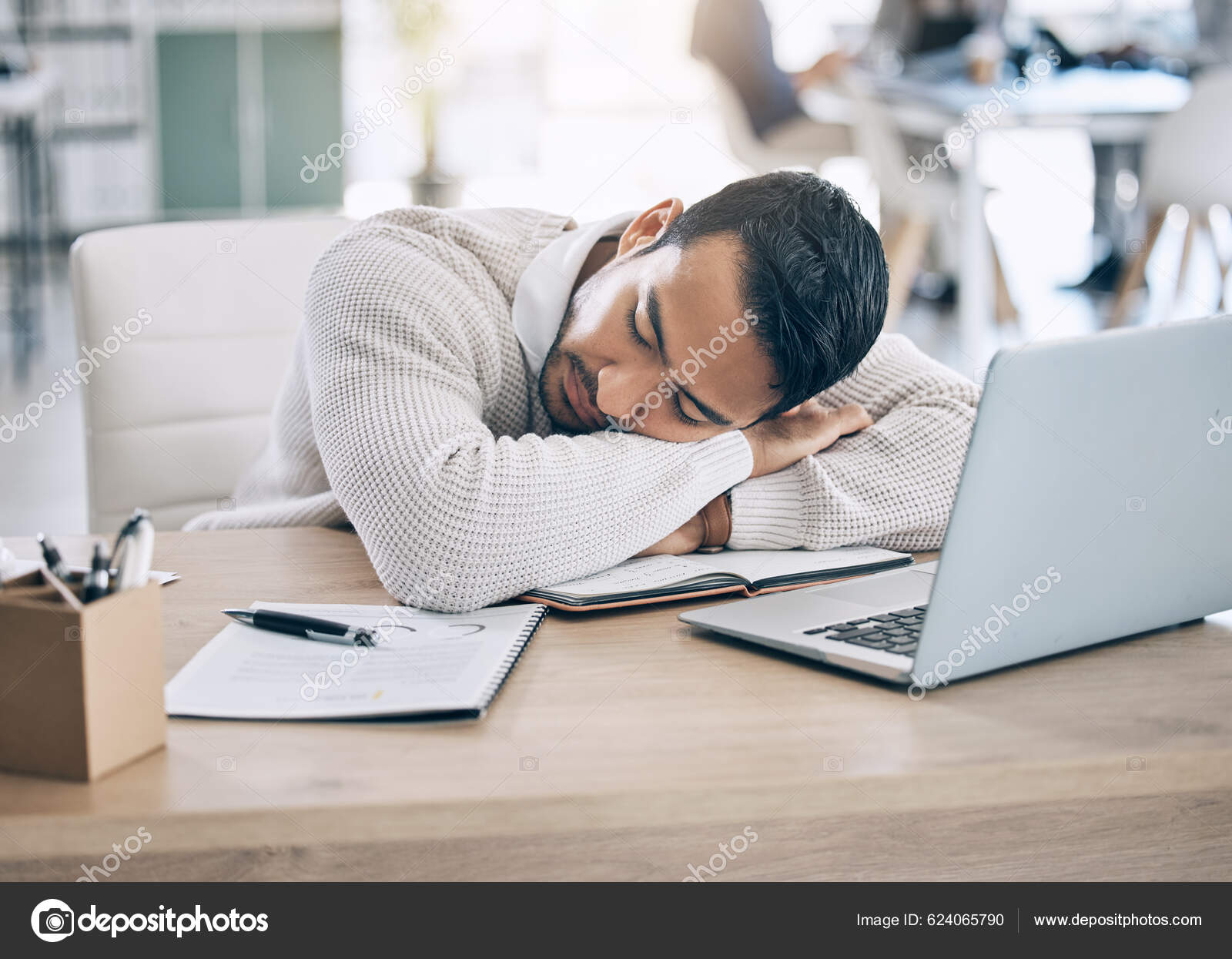Man Tired Sleep Office Desk Computer Notebook Exhausted Startup Finance  Stock Photo by ©PeopleImages.com 624065790