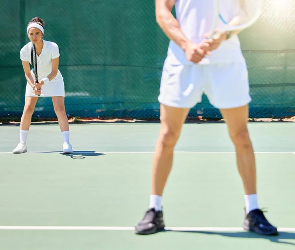 Trabajo Equipo Deportes Tenis Con Mujer Cancha Para Aptitud Apoyo —  Fotos de Stock