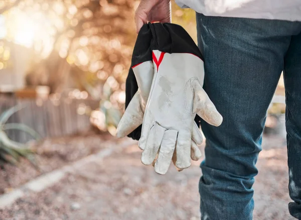 stock image Farming, nature and hands with gloves for beekeeping, honey production and harvesting outdoors. Agriculture, natural products and beekeeper with protective gear getting ready for beehive inspection.