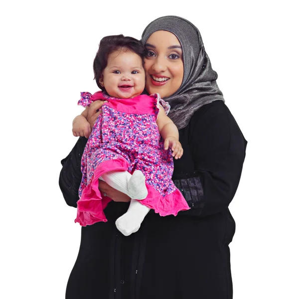Ligações Familiares Estúdio Retrato Uma Mãe Muçulmana Sua Filha Bebê — Fotografia de Stock