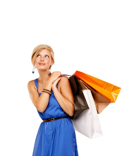 Kupuj Padniesz Atrakcyjna Młoda Kobieta Trzymająca Torby Zakupy — Zdjęcie stockowe