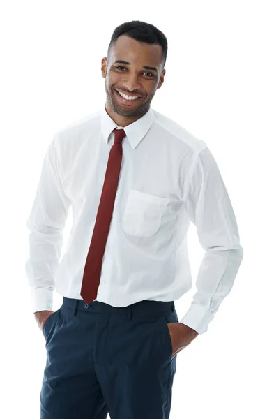 私は笑顔で毎日仕事に行きます ポケットに彼の手でハンサムな笑顔のビジネスマン — ストック写真