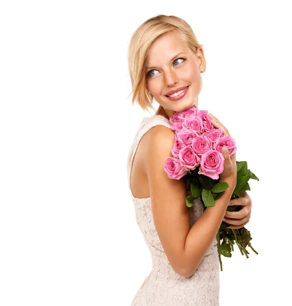 Blommorna Bleka Attraktiv Ung Kvinna Med Rosa Rosor — Stockfoto