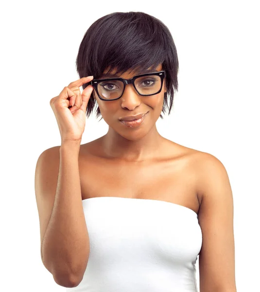 Looking Sharp Beautiful African Woman Hloding Her Spectacles White Background — Stock Photo, Image