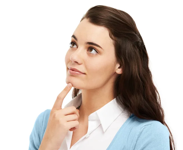 Wondering What Future Holds Lovely Young Woman Her Finger Her — Stock Photo, Image