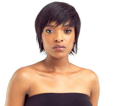 Straight forward style and beauty. Closeup studio portrait of a beautiful african woman looking confidently at the camera clipart