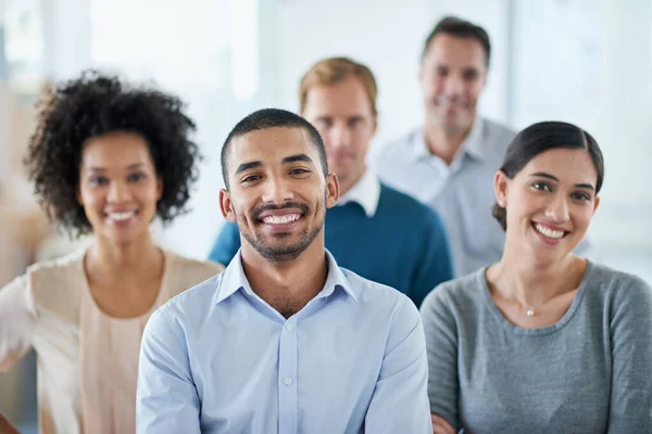 Success Keeps Motivated Portrait Group Diverse Colleagues Standing Office — Stock Photo, Image