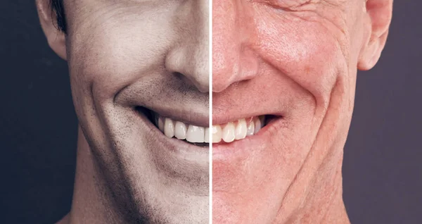 Sonrisa Nunca Desvanece Split Disparó Hombre Una Versión Más Antigua — Foto de Stock