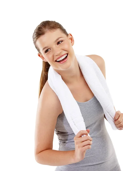 Feel Good Ive Exercised Teenage Girl Standing Towel Her Neck — Stock Photo, Image