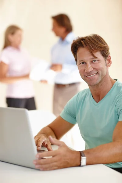 Confidence Keeps Going Man Sitting His Desk His Laptop While — Stock Photo, Image