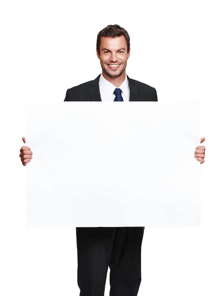 Huge Billboard Your Awesome Product Handsome Young Businessman Holding Blank Royalty Free Stock Photos