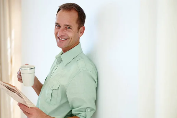 Wish Everyday Could Relaxed Attractive Man Holding Beverage Newspaper His — Stock Photo, Image