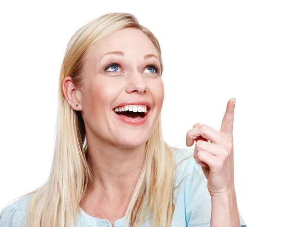 Look Happy Young Woman Pointing Upwards Laughing While Isolated White — Stock Photo, Image