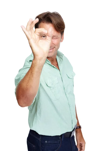 See You Isolated Portrait Man Looking Camera His Fingers — Stock Photo, Image