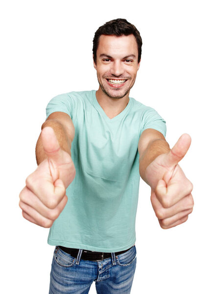 Super awesome. A young man giving you a double thumbs up while isolated on a white background