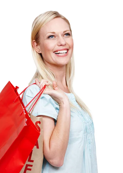 Kan Goed Winkelen Een Gelukkige Jonge Vrouw Met Een Boodschappentas — Stockfoto