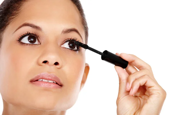 Instant Glamourous Lashes Attractive Young Woman Applying Mascara Her Eyelashes — Stock Photo, Image