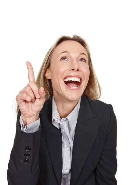 Shes Excited Cropped Studio Shot Attractive Businesswoman Pointing Copyspace — Stock Photo, Image