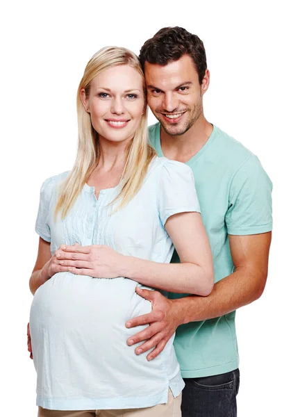 Great Expectations Smiling Husband Holding His Pregnant Wifes Stomach — Stock Photo, Image