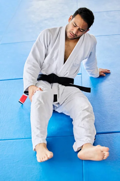 Sport Zranění Bolest Nohou Podlaze Karate Fitness Dojo Pro Turnaj — Stock fotografie