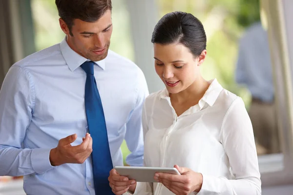 Planning Success Two Coworkers Standing Office Using Digital Tablet — Stock Photo, Image