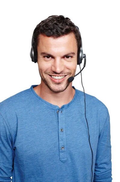 How May Help You Casual Male Telecommunications Headset While Smiling — Stock Photo, Image