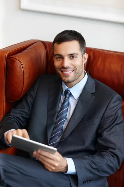 Using Modern Tools Aid His Success Smiling Young Businessman Sitting — Stock Photo, Image