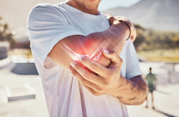 Man Joint Pain Elbow Arthritis Outdoor Closeup Summer Sunshine Massage — Stock Photo, Image