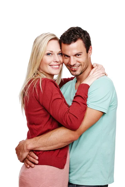Für Immer Zusammen Ein Attraktives Paar Lächelt Vor Weißem Hintergrund — Stockfoto