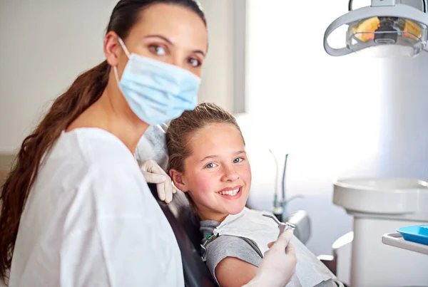 Lets Get Business Female Dentist Her Child Patient — Stock Photo, Image