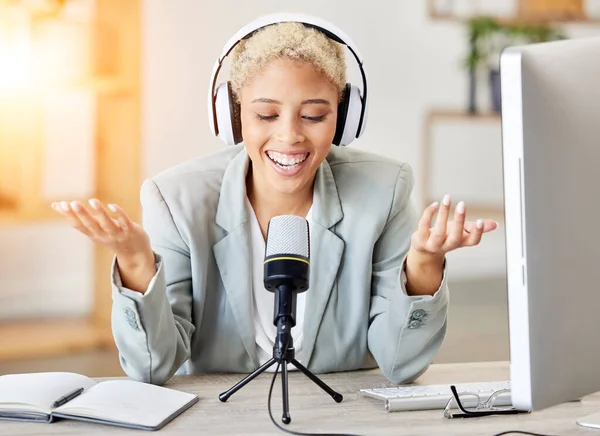 stock image Podcast, microphone and radio with black woman at desk for influencer, blog and social media. Speaker, news and live streaming with presenter for content creator, advertising or journalist interview.