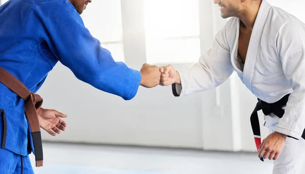 Men in karate club, training focus and fist bump for competition fight in Japan. People greeting, learning martial arts fitness and healthy lifestyle in mma sports center with champion athletes.