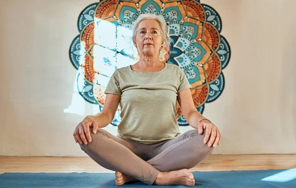 Yoga, meditation and fitness senior woman on floor for body wellness, mindfulness and peace retirement lifestyle in creative workout studio. Spiritual, calm and meditate of old woman pilates exercise.