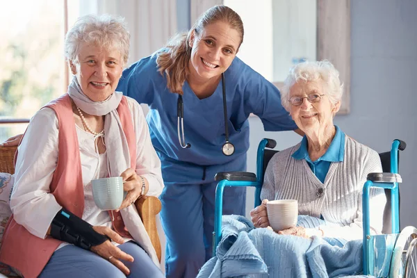 健康診断 相談の後 老人ホーム 肖像画 看護師 老人ホームにいる高齢者の友人と一緒に幸せな医療介護者や医師 — ストック写真