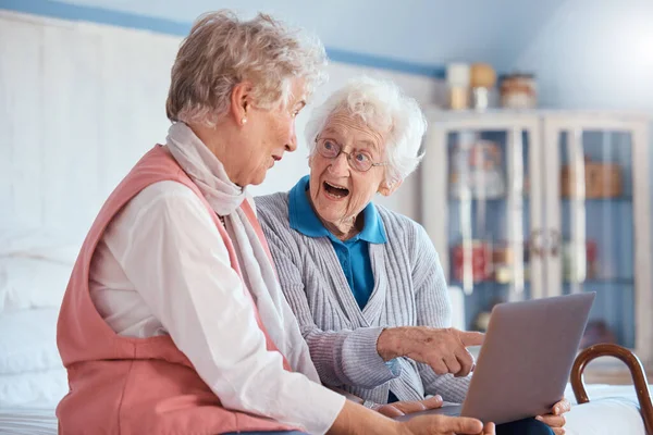 Friends laptop or senior woman with wow for communication, social media video or streaming online. Happy, smile or elderly women with tech for gambling winner, online shopping or search the internet.