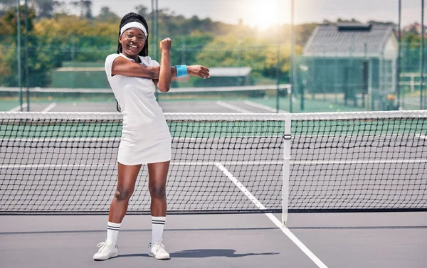 Stretching Tennis Und Sportlerin Mit Muskelwellness Körpertraining Und Trainingsmotivation Energie — Stockfoto