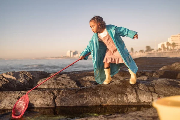 Παιδιά Παραλία Και Ψάρεμα Ένα Κορίτσι Χρησιμοποιώντας Ένα Δίχτυ Μια — Φωτογραφία Αρχείου