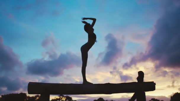 Yoga Silueta Ejercicio Mujer Contra Cielo Nocturno Haz Equilibrio Entrenamiento — Vídeo de stock