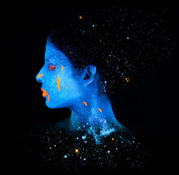 Otherworldly Beauty Young Woman Posing Neon Paint Her Face — Stock Photo, Image
