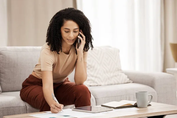 Phone Call Documents Writing Woman Freelancer Remote Working Home Her — Stock Photo, Image