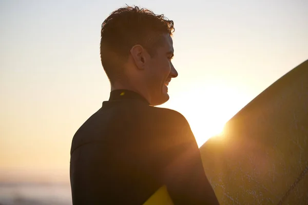 Fitness Sonnenuntergang Oder Surfer Mit Surfbrett Für Bewegung Workout Oder — Stockfoto