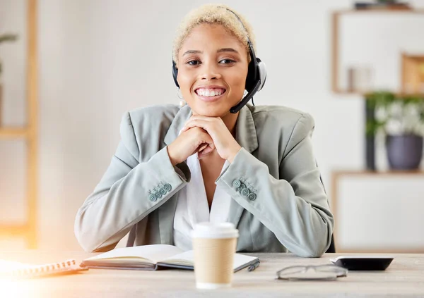 Call center, black woman and portrait, consulting and customer service, receptionist or agent, helping and telemarketing at office desk. Female sales consultant, communication and customer support.