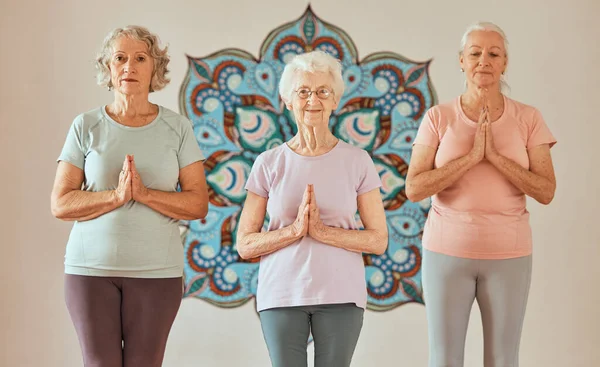 Idősebb Nők Meditáció Jógával Imával Pózolnak Csakra Egyensúlyáért Békéért Fitness — Stock Fotó