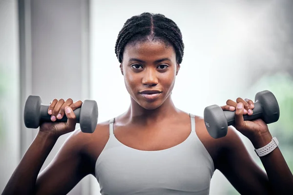 Face Portrait Dumbbells Black Woman Training Gym Muscle Strength Power — Stock Photo, Image
