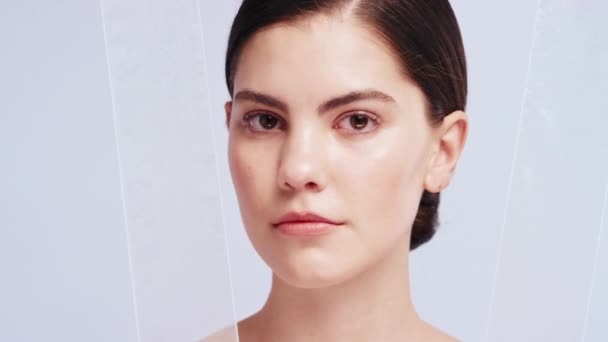 Portrait Face Beauty Model Woman Studio Gray Background Skincare Wellness — Stock Video