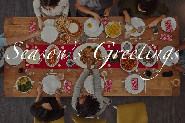 Banner invitation to Christmas dinner, advertising and marketing with text overlay and party from above. Food, friends and family celebrating holiday event together at table with seasons greetings