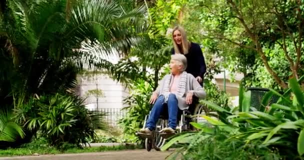 Senior Mulher Cuidados Cadeira Rodas Parque Com Filha Família Cuidador — Vídeo de Stock